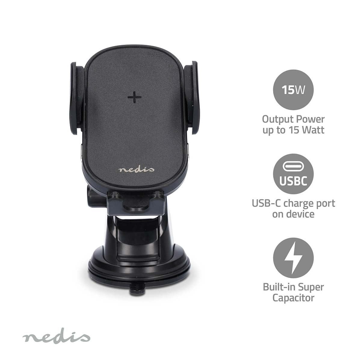 Nedis Wireless Car Charger | 7.5 / 10 / 15 W | 1.5 / 1.67 / 2 A | 1.00 m | FOD / Over Current / Over Voltage / Overheat Protection | USB Type-C™ | Including cable