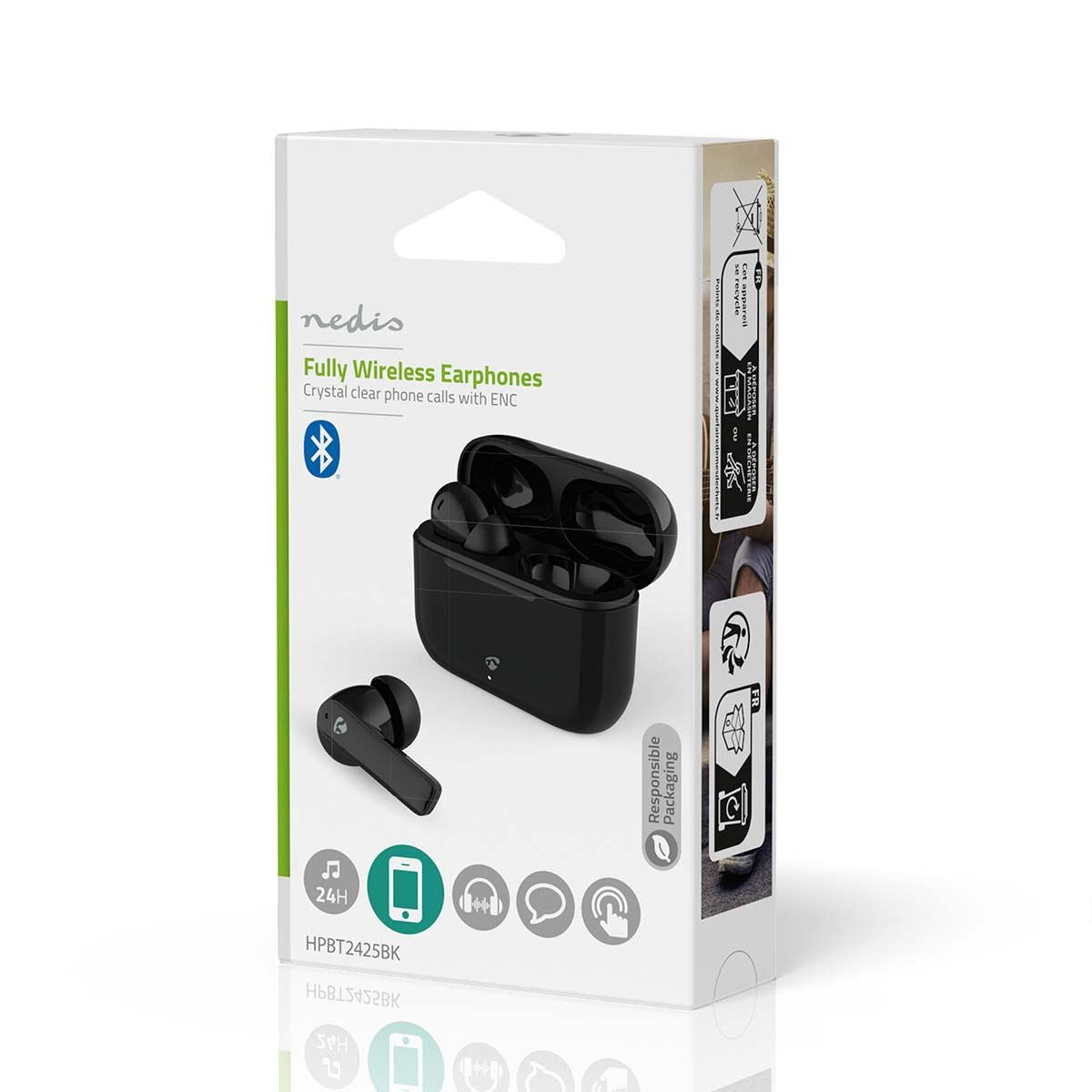 Nedis Fully Wireless Earphones | Bluetooth® | Battery play time: 24 hrs | Touch Control | Charging case | Wireless charging case | Built-in microphone | Voice control support | Noise canceling | IPX4 | Black