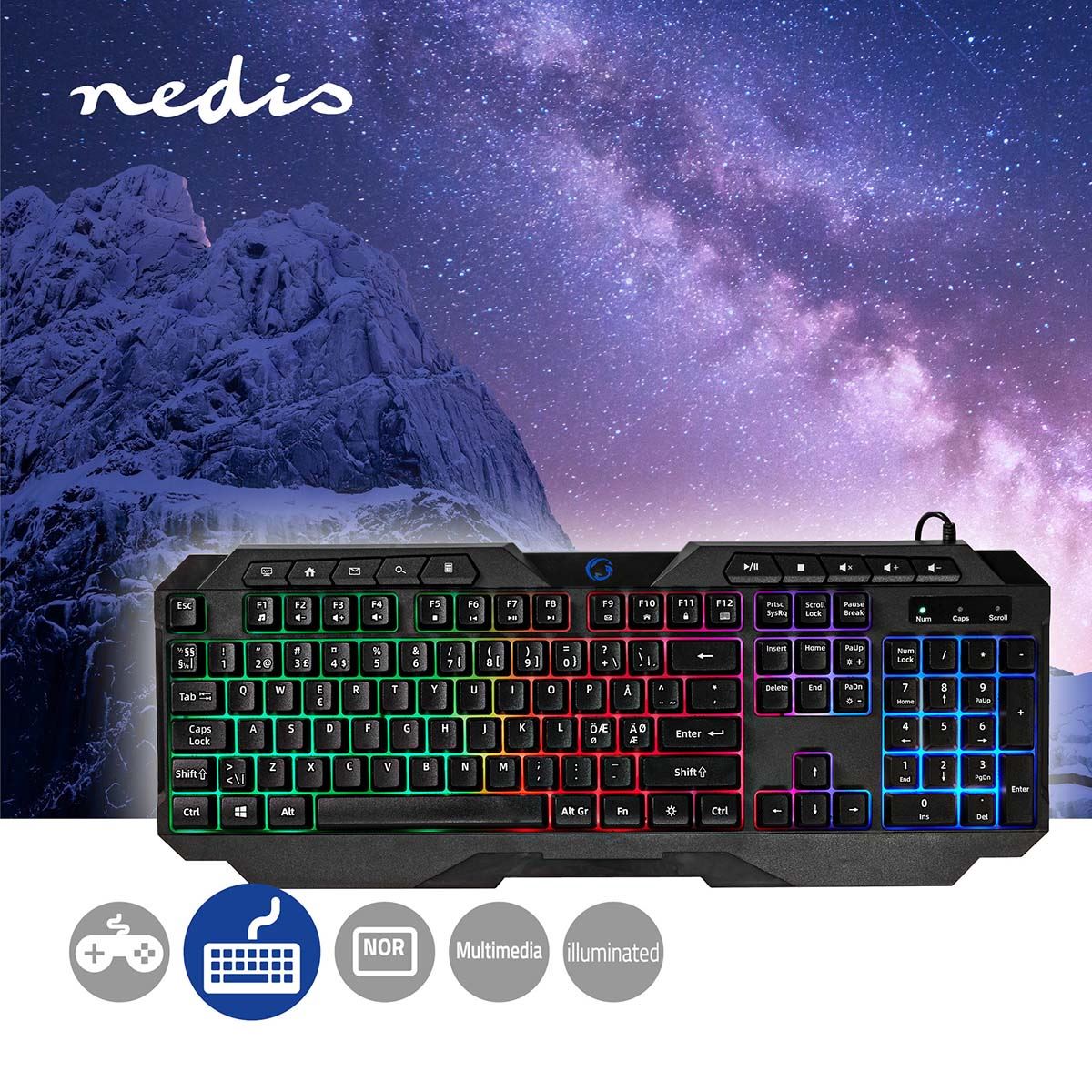 Nedis Wired Gaming Keyboard | USB Type-A | Membrane Keys | LED | QWERTY | ND Layout | USB Powered | Power cable length: 1.30 m | Multimedia