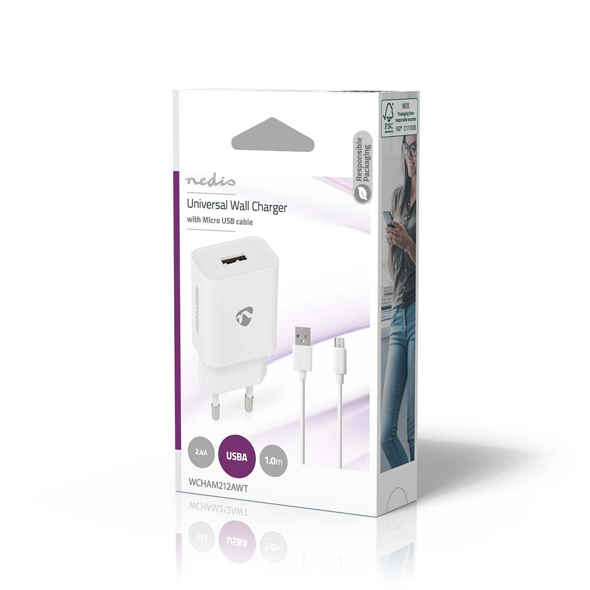 Nedis Wall Charger | 12 W | Quick charge feature | 2.4 A | Number of outputs: 1 | USB-A | Micro USB (Loose) Cable | 1.00 m | Single Voltage Output | White