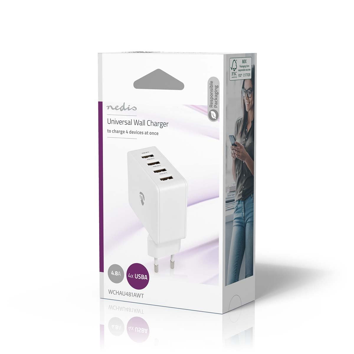 Nedis Wall Charger | 24 W | Quick charge feature | 4x 2.4 A | Number of outputs: 4 | 4x USB-A | No Cable Included | Single Voltage Output | White