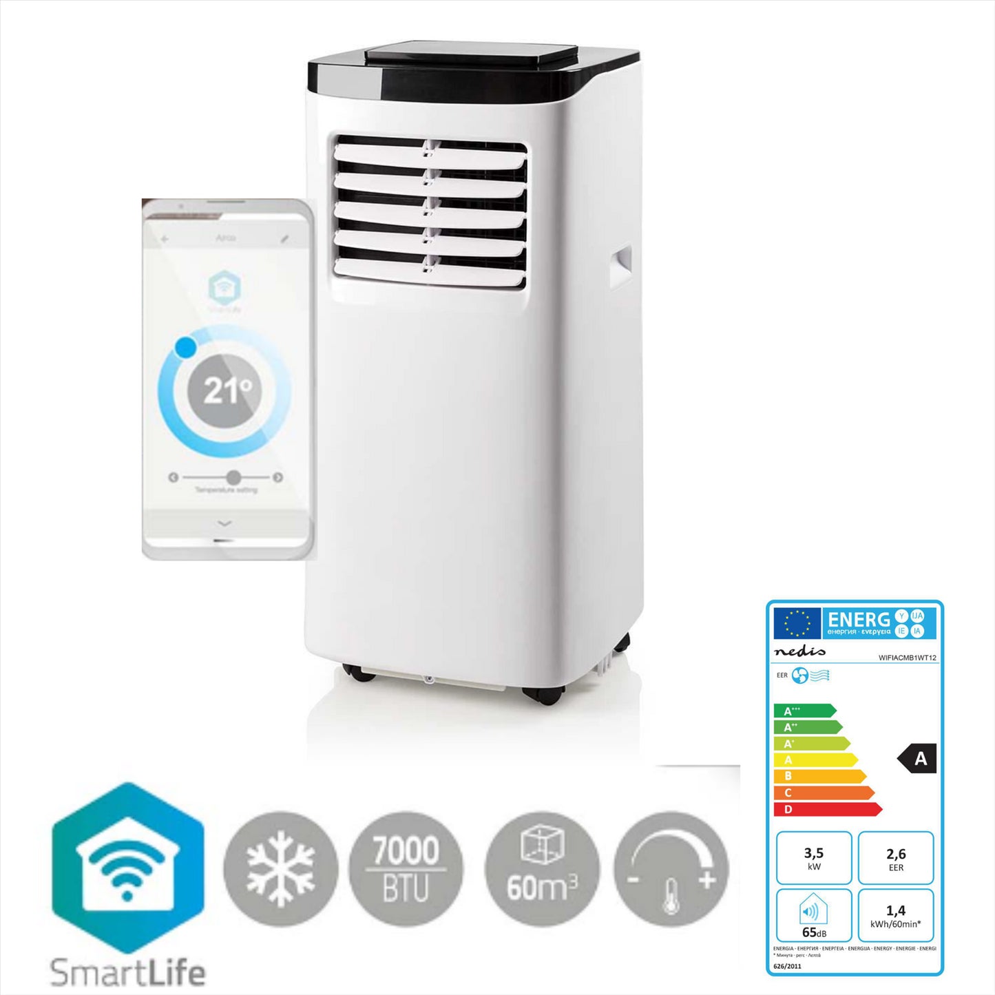 Nedis SmartLife 3-in-1 Air Conditioner | Wi-Fi | 7000 BTU | 60 m³ | Dehumidification | Android™ / IOS | Energy class: A | 2-Speed | 65 dB | White