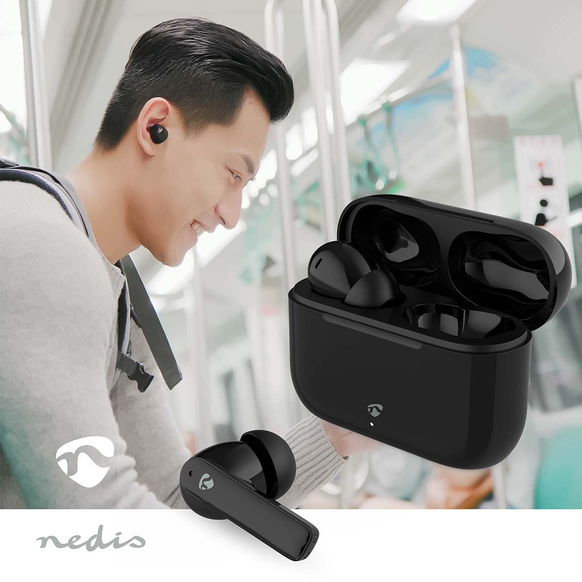 Nedis Fully Wireless Earphones | Bluetooth® | Battery play time: 24 hrs | Touch Control | Charging case | Wireless charging case | Built-in microphone | Voice control support | Noise canceling | IPX4 | Black