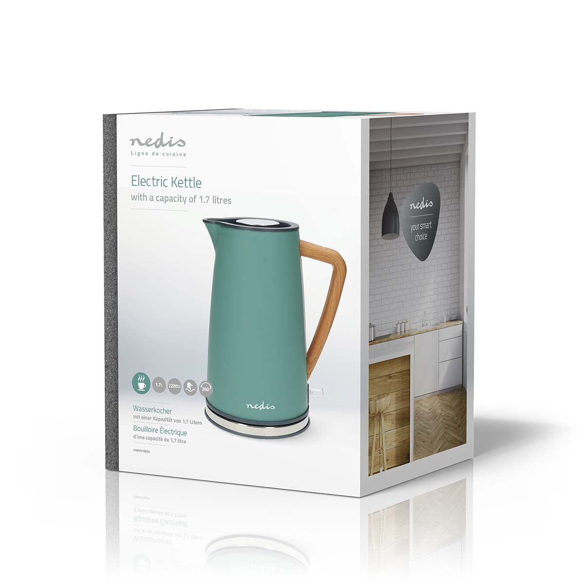 Nedis Electric Kettle | 1.7 l | Soft-Touch | Green | Rotatable 360 degrees | Concealed heating element | Strix® controller | Boil-dry protection