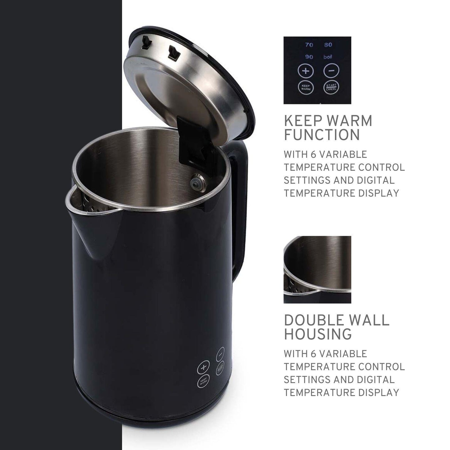 Nedis Electric Kettle | 1.7 l | Plastic | Black | 50,60,70,80,90,100 °C | Temperature indicator | Rotatable 360 degrees | Concealed heating element | Strix® controller | Boil-dry protection