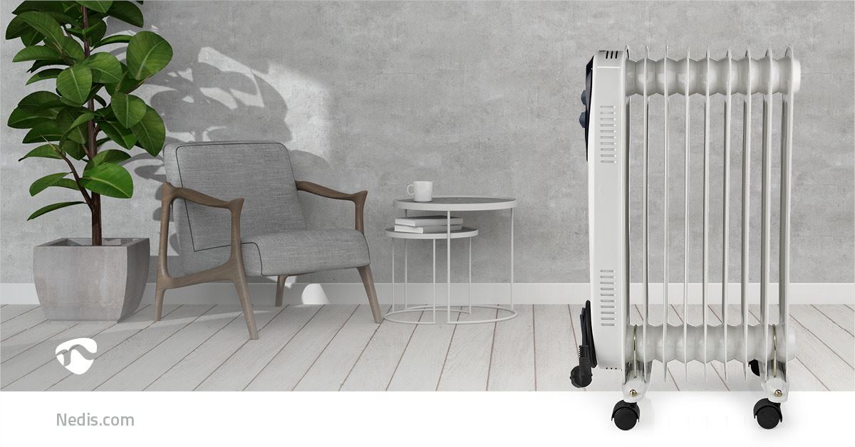 Nedis Mobile Oil Radiator | 800 / 1200 / 2000 W | 9 Fins | Adjustable thermostat | 3 Heat Settings | Fall over protection | White