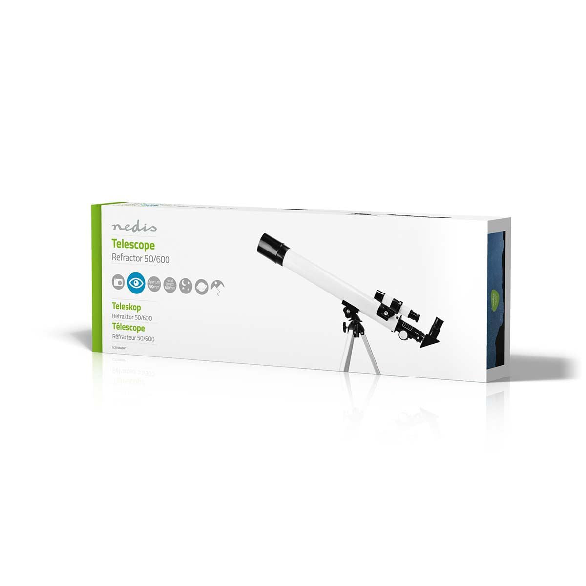 Nedis Telescope | Aperture: 50 mm | Focal length: 600 mm | Finderscope: 5 x 24 | Maximum working height: 125 cm | Tripod | Black / White