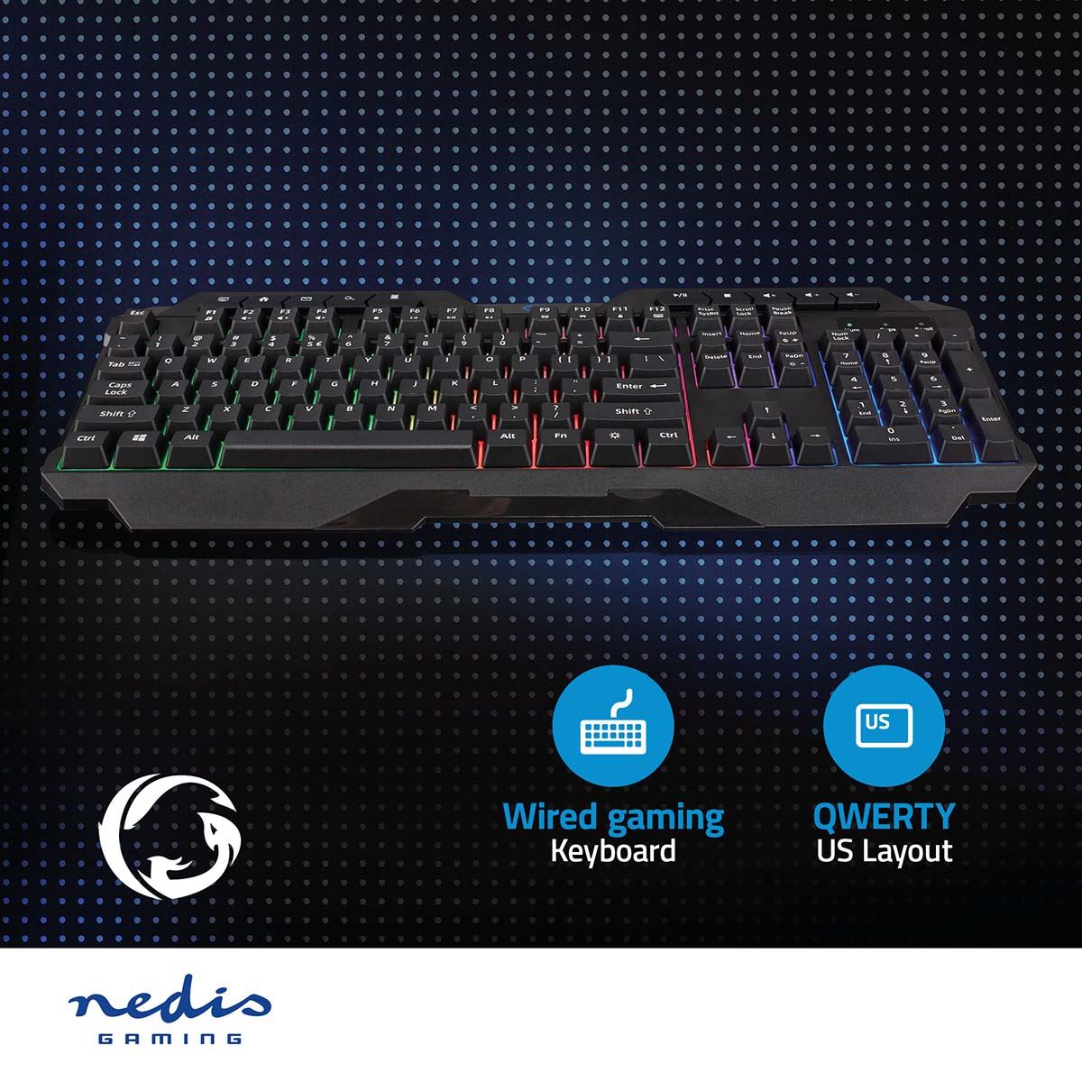 Nedis Wired Gaming Keyboard | USB Type-A | Membrane Keys | LED | QWERTY | US Layout | USB Powered | Power cable length: 1.30 m | Multimedia