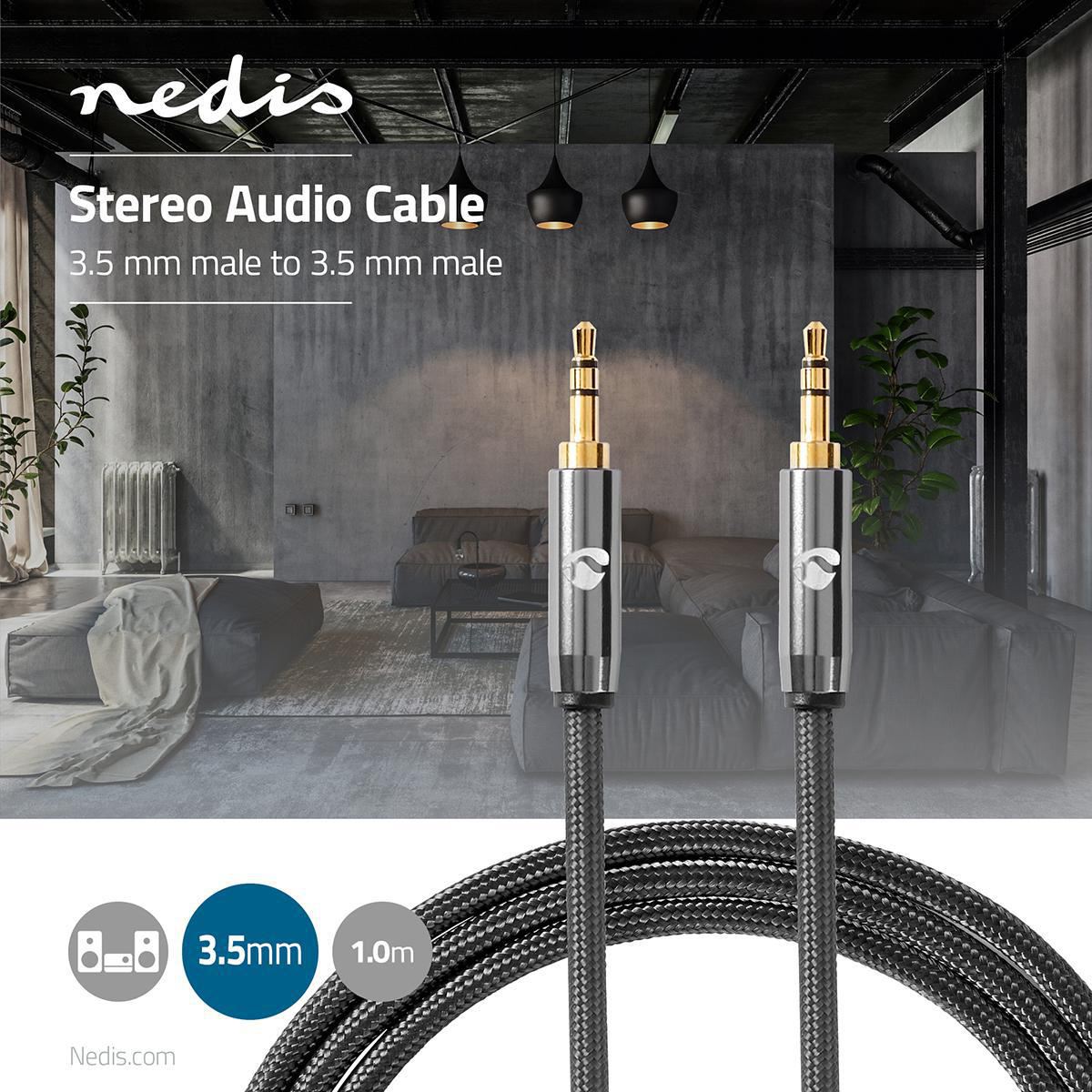 Nedis Stereo Audio Cable | 3.5 mm Male | 3.5 mm Male | Gold Plated | 1.00 m | Round | Anthracite / Gun Metal Grey | Cover Window Box