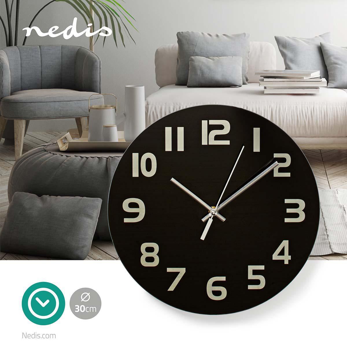 Nedis Wall Clock | Diameter: 300 mm | Glass | Black