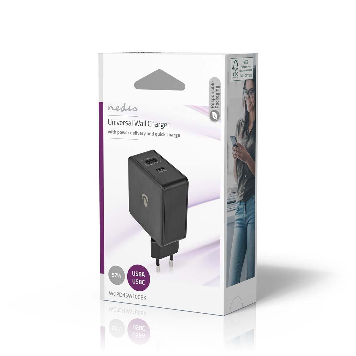 Nedis Wall Charger | 57 W | Quick charge feature | 2.25 / 2.4 / 3.0 A | Number of outputs: 2 | USB-A / USB-C™ | No Cable Included | Automatic Voltage Selection | Black