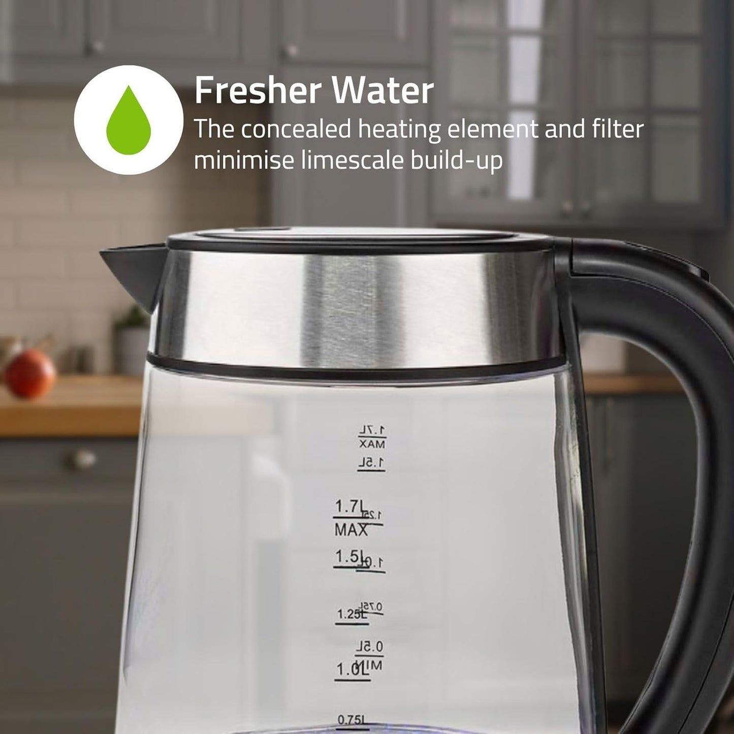 Nedis Electric Kettle | 1.7 l | Glass | Transparent | 60,70,80,90,100 °C | Temperature indicator | Rotatable 360 degrees | Concealed heating element | Strix® controller | Boil-dry protection