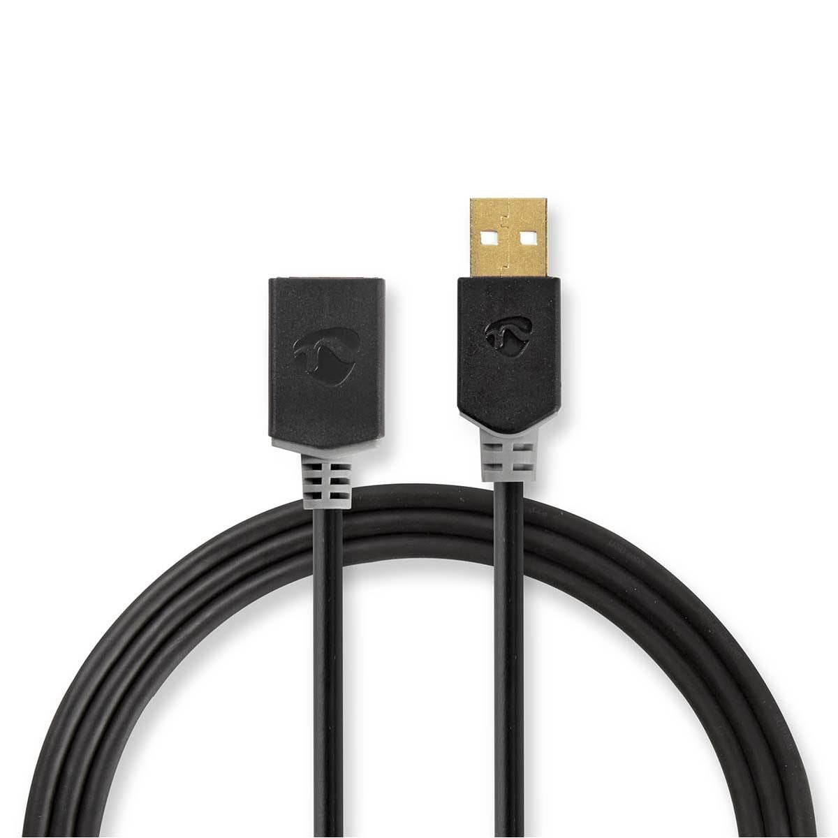Nedis USB Cable | USB 2.0 | USB-A Male | USB-A Female | 480 Mbps | Gold Plated | 3.00 m | Round | PVC | Anthracite | Box