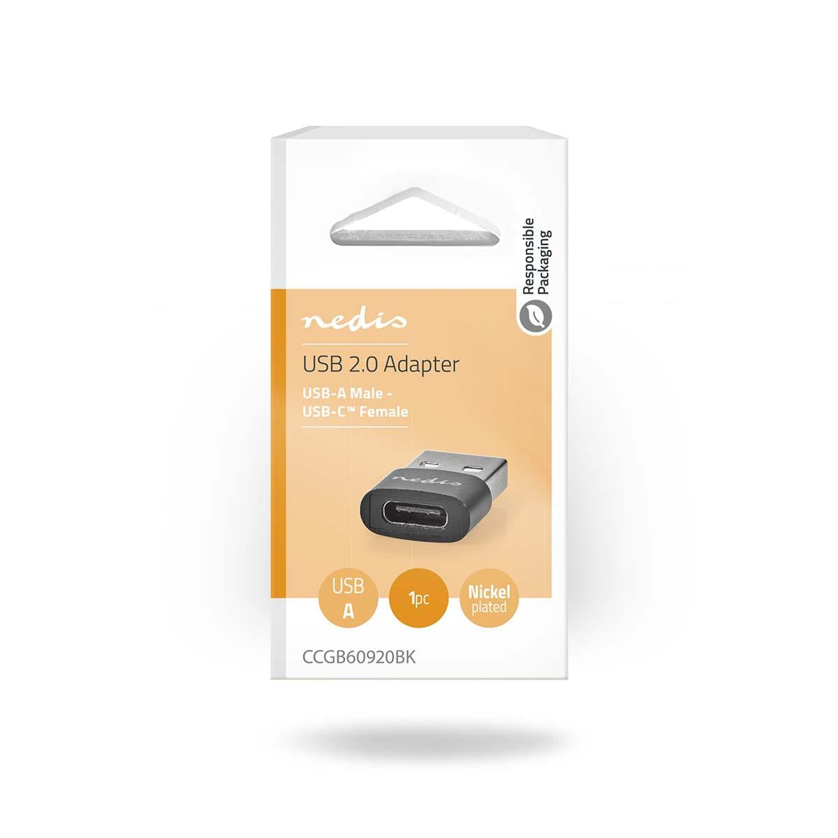 Nedis USB-A Adapter | USB 2.0 | USB-A Male | USB-C™ Female | 480 Mbps | Round | Nickel Plated | Black | Box