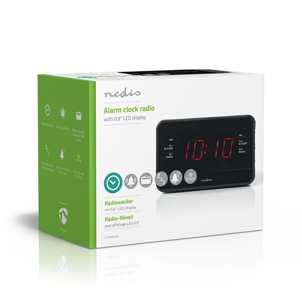 Nedis Digital Alarm Clock Radio | LED Display | 1x 3.5 mm Audio Input | Time projection | AM / FM | Snooze function | Sleep timer | Number of alarms: 2 | Black