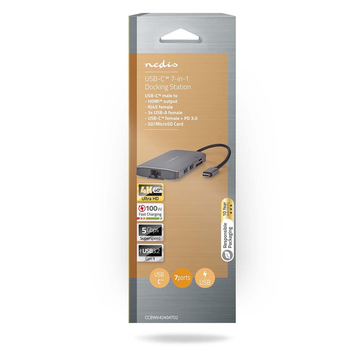 Nedis USB Multi-Port Adapter | USB 3.2 Gen 1 | USB-C™ Male | HDMI™ Output / Micro SD / RJ45 Female / SD / USB-C™ Female / 3x USB-A Female | 5 Gbps | 0.20 m | Round | Gold Plated | PVC | Anthracite | Box