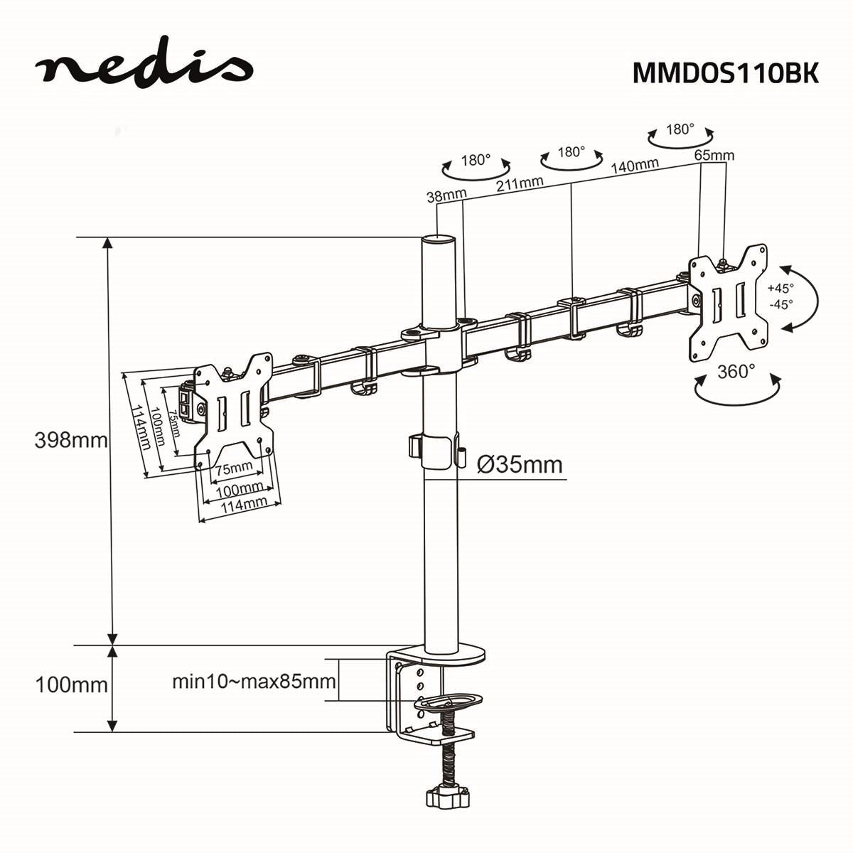 Nedis Desk Monitor Mount | 2 Screens | 15 - 32 " | 75x75 / 100x100 | Full Motion