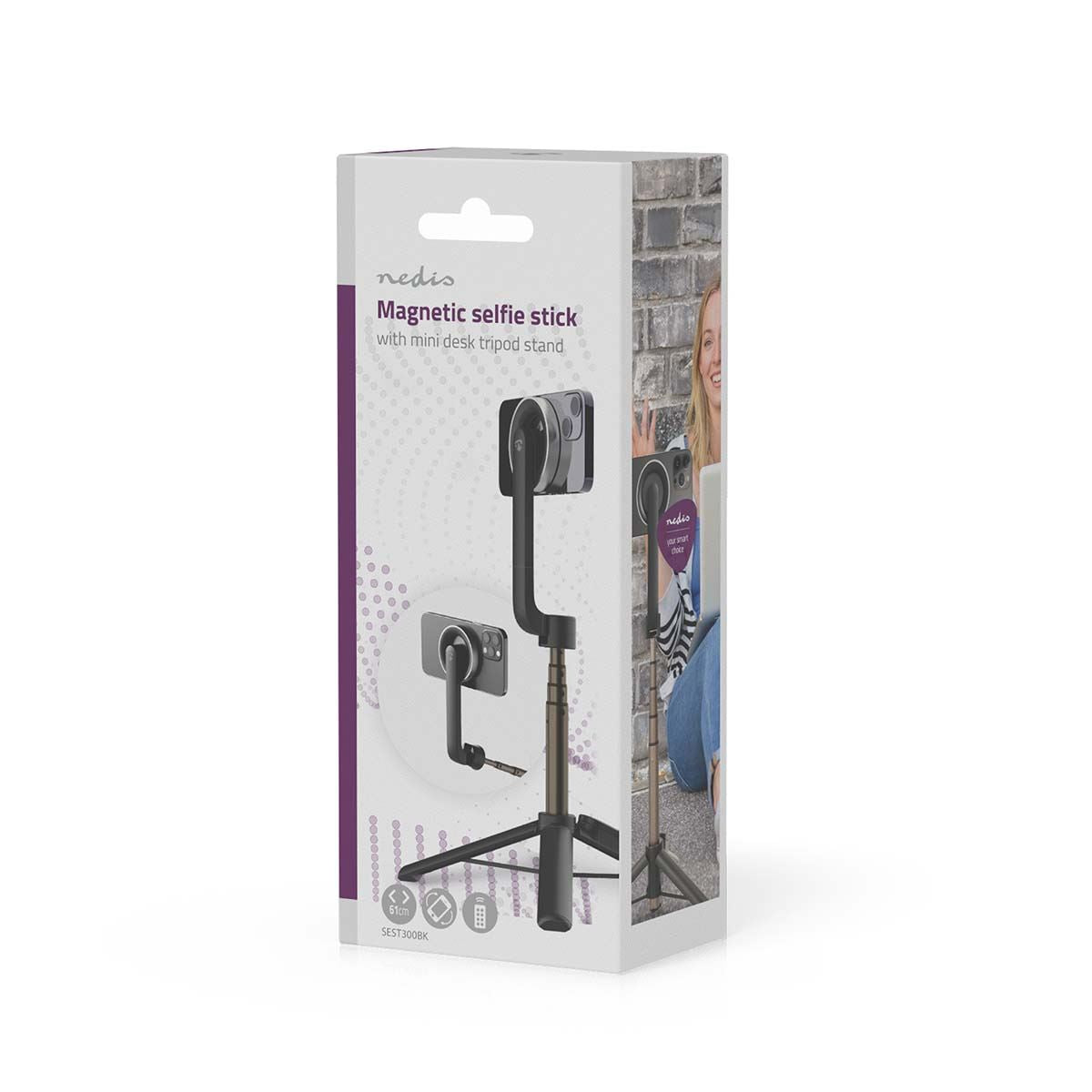 Nedis Bluetooth® Selfie Stick | Bluetooth® version: 5.0 | Maximum screen size: 7 " | Folded lenght: 17 cm | Unfolded length: 61 cm | Maximum weight capacity: 1000 g | Battery Powered