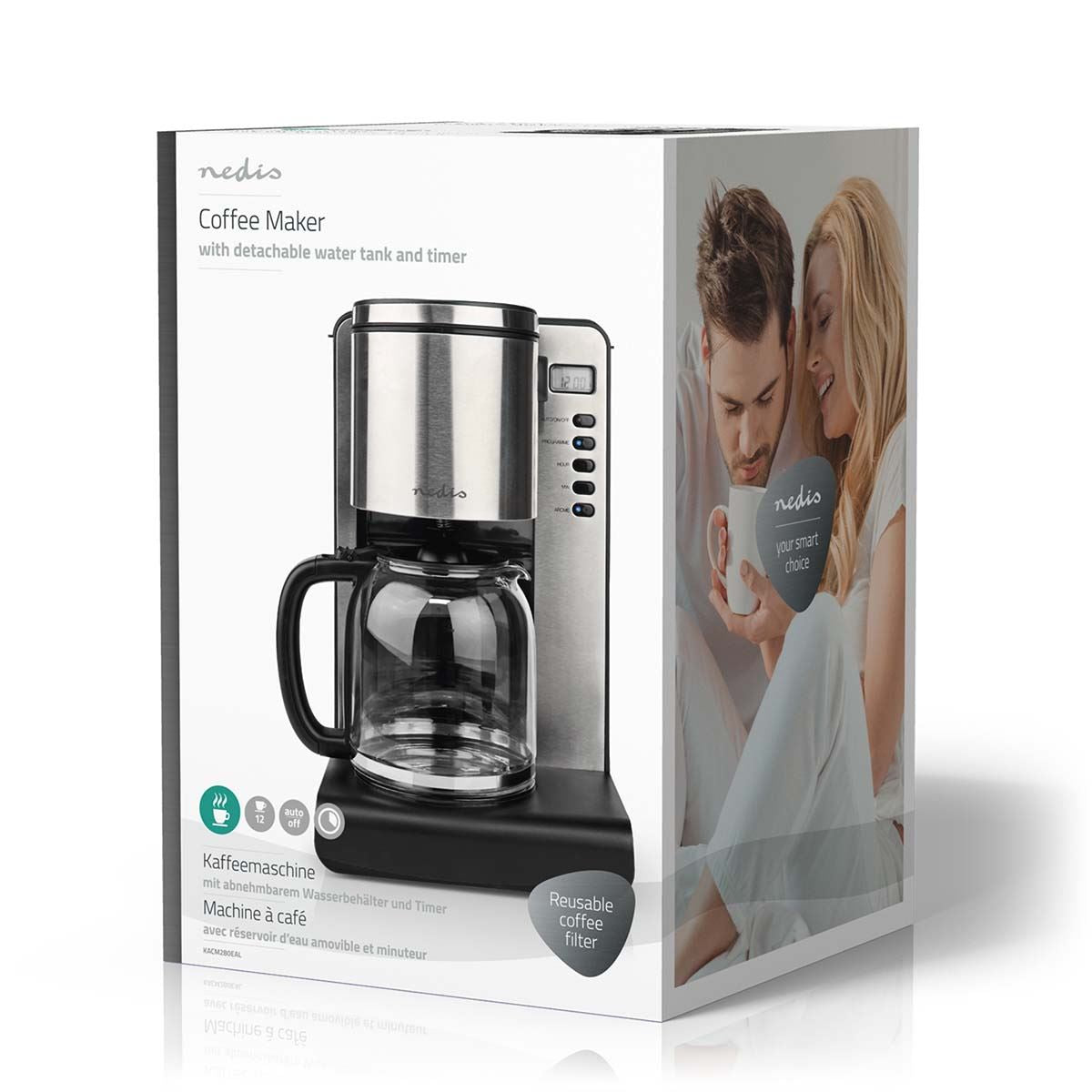 Nedis Coffee Maker | Filter Coffee | 1.5 l | 12 Cups | Keep warm feature | Switch on timer | LCD display | Clock function | Aluminium / Black