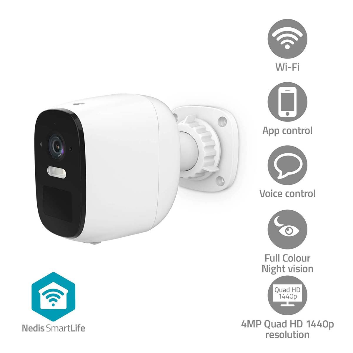 Nedis SmartLife Outdoor Camera | Wi-Fi | Spotlight | 4MP Quad HD 1440p / 2560x1440 | Pan tilt | IP66 | Max. battery life: 10 Months | Cloud Storage (optional) / microSD (not included) | 5 V DC | With motion sensor | Night vision | White