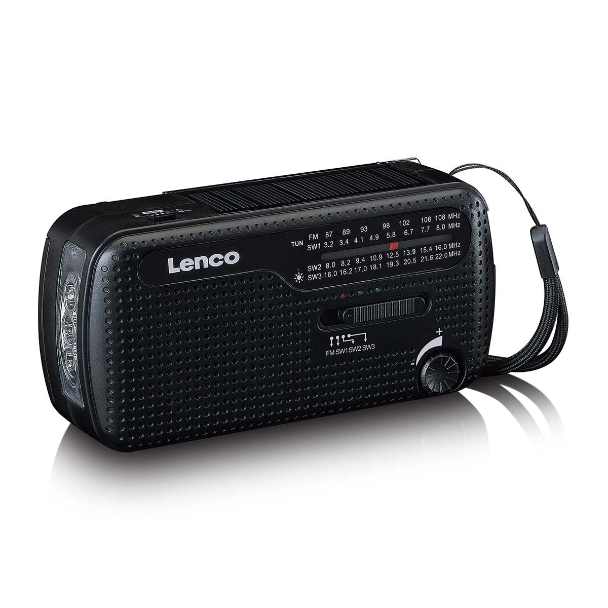 Lenco Portable wind-up Emergency FM Radio, Flashlight and Power bank in one - Black