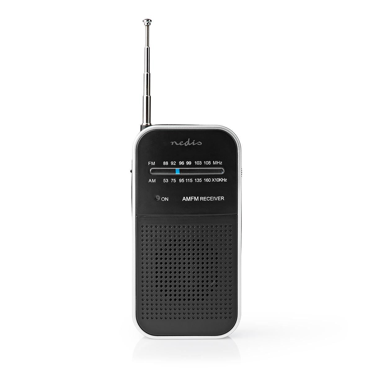 Nedis FM Radio | Portable Design | AM / FM | Battery Powered | Analogue | 1.5 W | Black White Screen | Headphone output | IP20 | Aluminium / Black