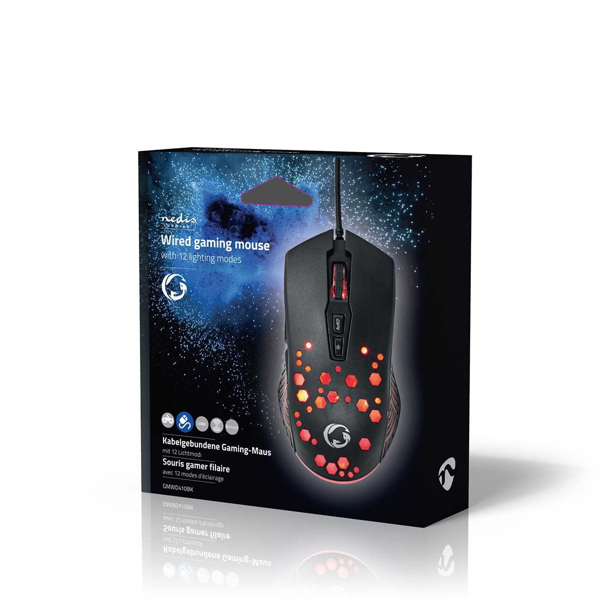 Nedis Gaming Mouse | Wired | 800 / 1200 / 2400 / 3200 / 4800 / 7200 dpi | Adjustable DPI | Number of buttons: 7 | Programmable buttons | Right-Handed | 1.50 m | RGB