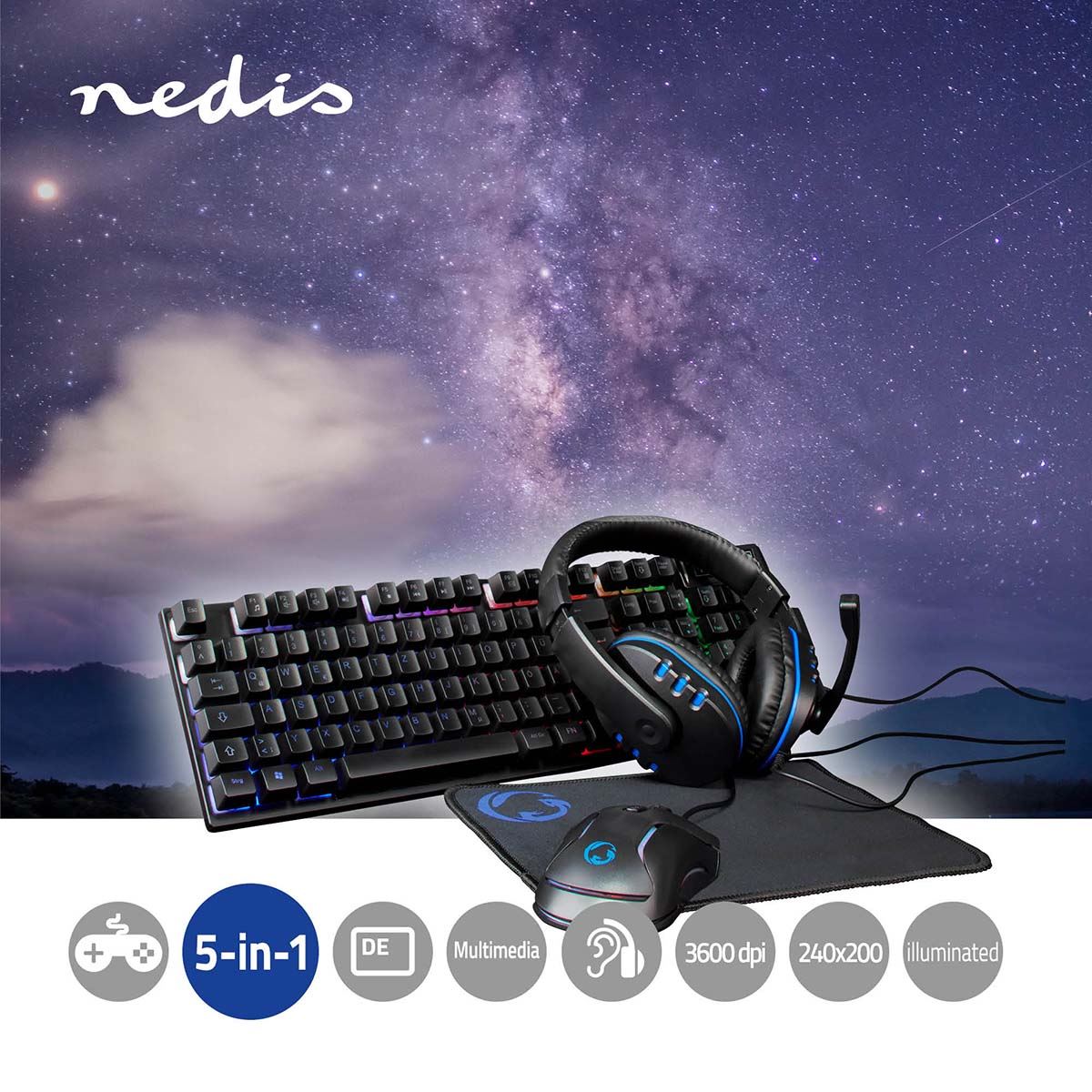 Nedis Gaming Combo Kit | 5-in-1 | Keyboard, Headset, Mouse and Mouse Pad | Black | QWERTZ | DE Layout