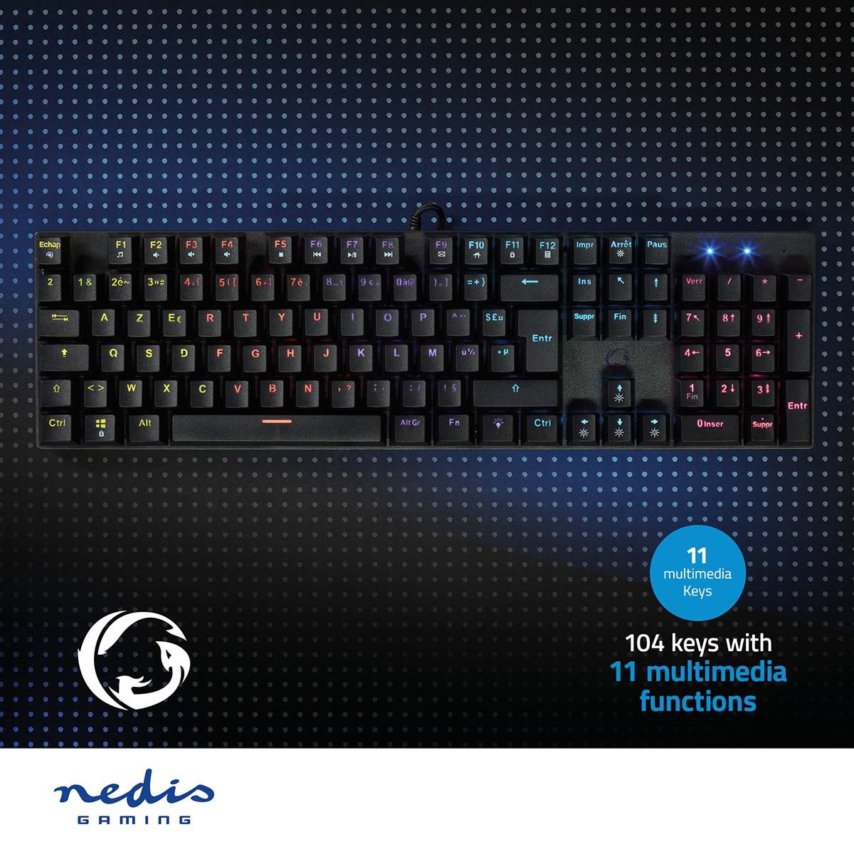Nedis Wired Gaming Keyboard | USB Type-A | Mechanical Keys | LED | AZERTY | FR Layout | USB Powered | Power cable length: 1.50 m | Gaming