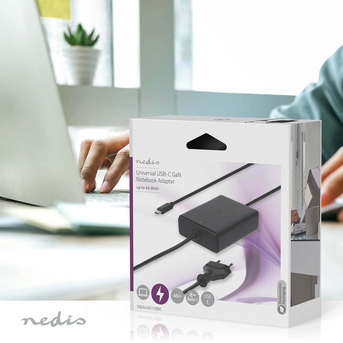 Nedis Notebook Adapter | GaN | 45 W | 5 / 9 / 12 / 15 / 20 V DC | 2.25 / 2.33 / 2.92 / 3.0 A | Used for: Notebook / Smartphone / Tablet | Euro / Type-C (CEE 7/16)