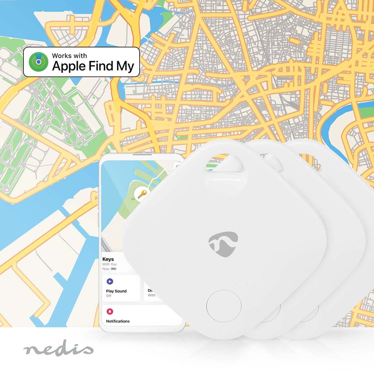 Nedis Key Finder | Compatible with: Apple Find My App | Battery Powered | 3x CR2032 | Batteries included | Bluetooth® version: 5.1 | Battery life up to: 1 year | White | 3 pcs