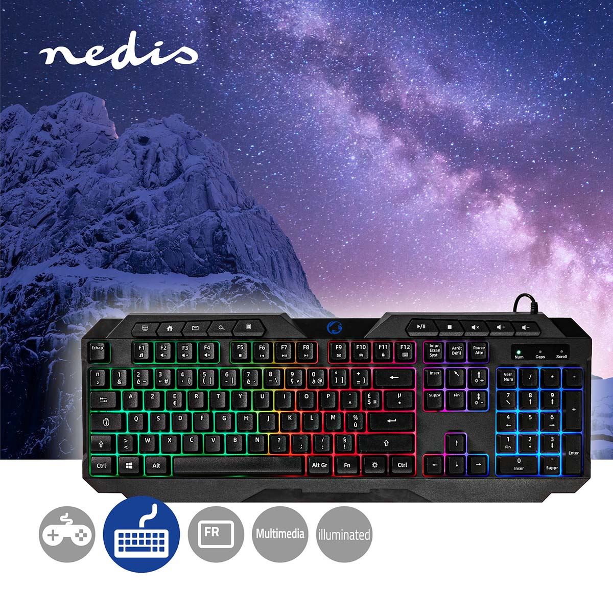 Nedis Wired Gaming Keyboard | USB Type-A | Membrane Keys | LED | AZERTY | FR Layout | USB Powered | Power cable length: 1.30 m | Multimedia