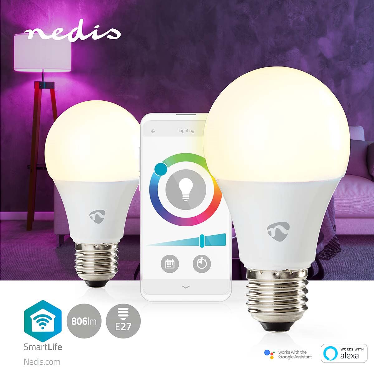 Nedis SmartLife Full Colour LED Bulb | Wi-Fi | E27 | 806 lm | 9 W | RGB / Warm to Cool White | 2700 - 6500 K | Android™ / IOS | Bulb | 2 pcs
