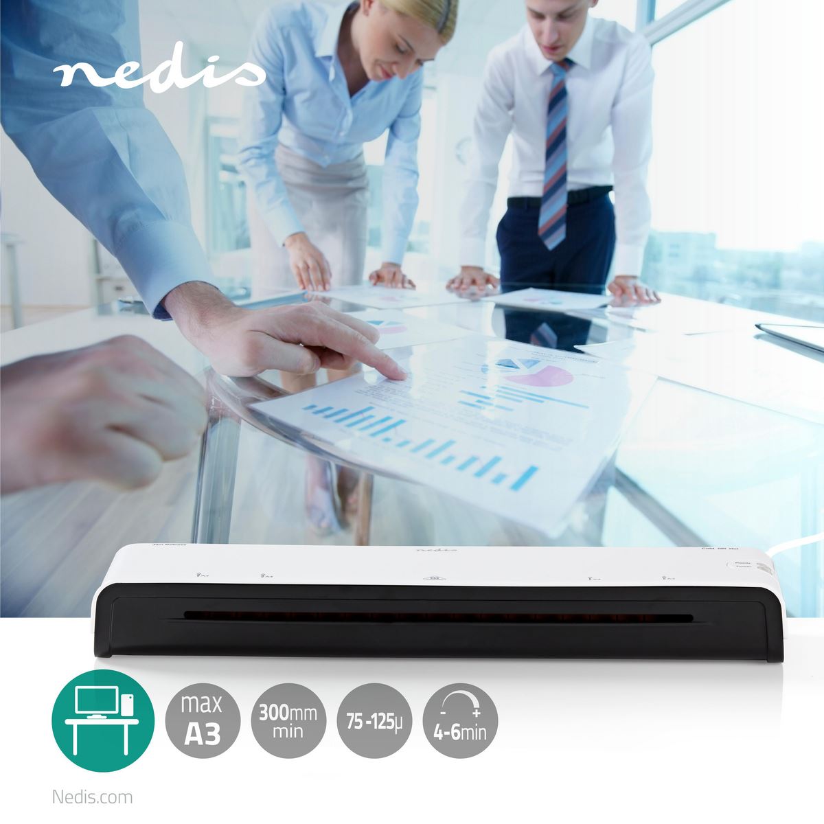 Nedis Laminator | Hot & Cold | A3 | 300 mm/min | Auto switch off | Mains Powered | White
