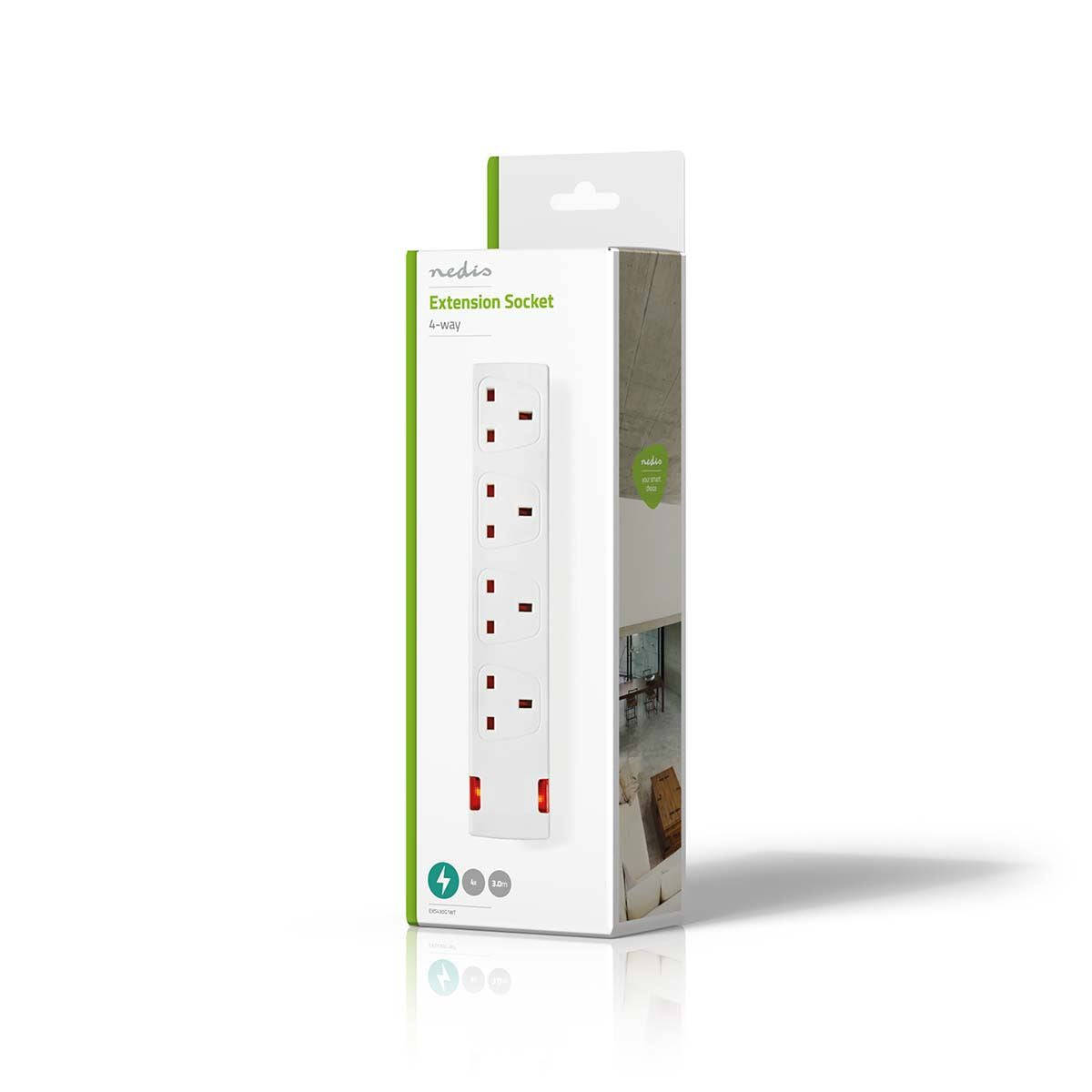Nedis Extension Socket | Type G | 4-Way | 3.00 m | 3120 W | 13 A | Kind of grounding: UK Plug Earth pin | 230 V AC 50/60 Hz | Socket angle: 90 ° | H05VV-F 3G1.5mm² | White
