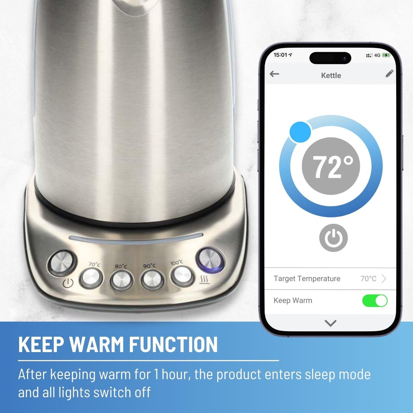 Nedis SmartLife Electric Kettle | Wi-Fi | 1.7 l | Stainless Steel | 70,80,90,100 °C | Temperature indicator | Rotatable 360 degrees | Concealed heating element | Strix® controller | Android™ / IOS