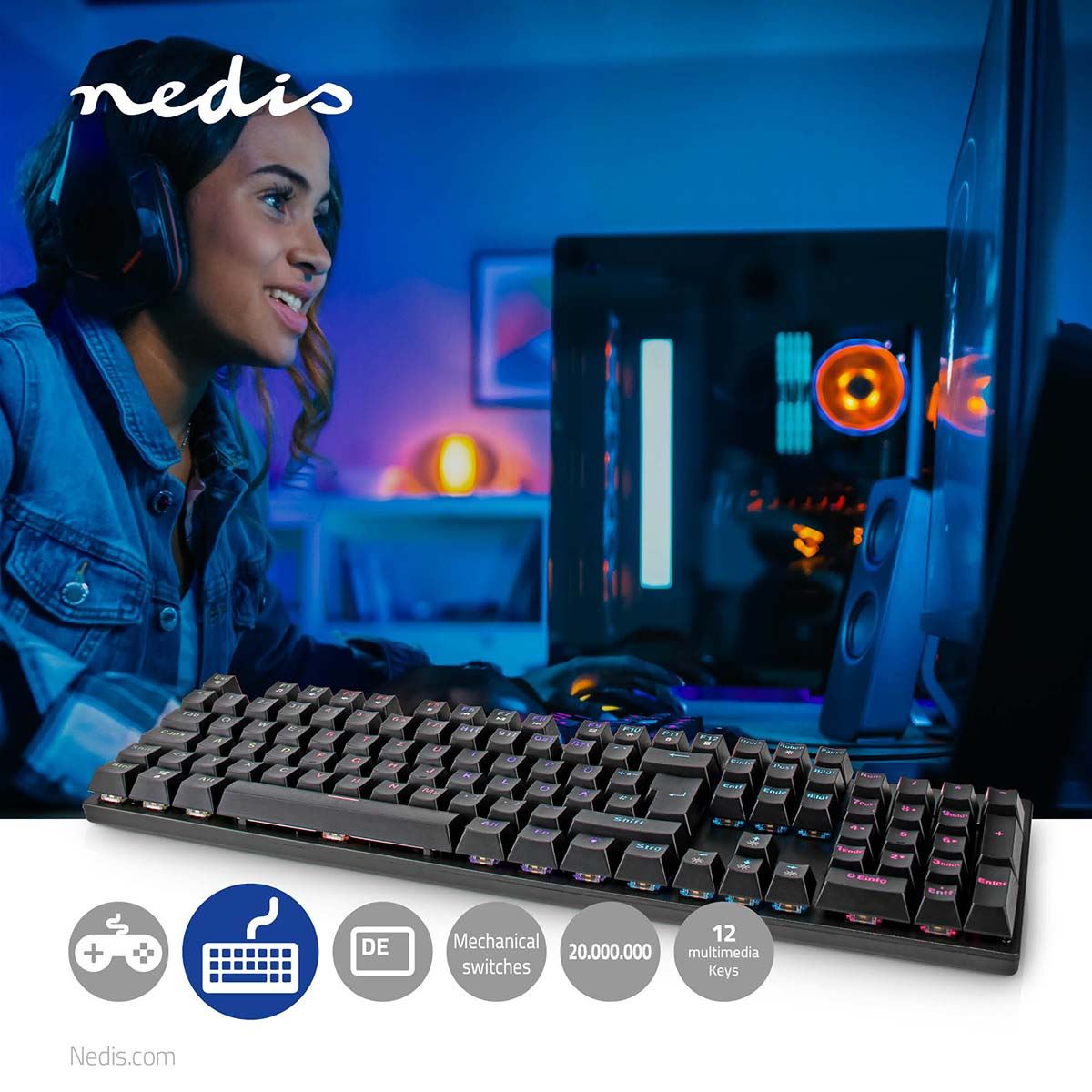 Nedis Wired Gaming Keyboard | USB Type-A | Mechanical Keys | LED | German | DE Layout | USB Powered | Power cable length: 1.50 m | Gaming