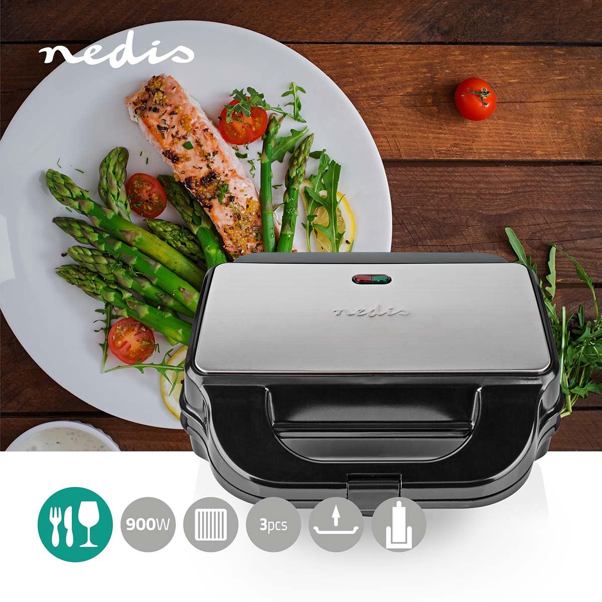 Nedis Multi Grill | Grill / Sandwich / Waffle | 900 W | 28 x 15 cm | Automatic temperature control | Plastic / Stainless Steel