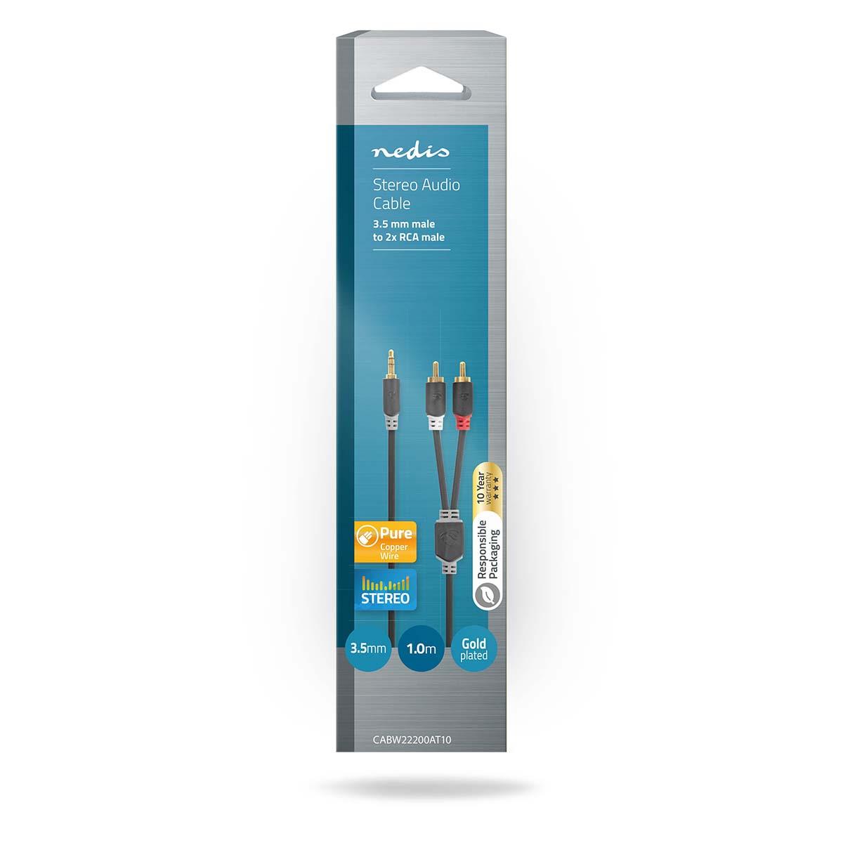 Nedis Stereo Audio Cable | 3.5 mm Male | 2x RCA Male | Gold Plated | 1.00 m | Round | Anthracite | Box