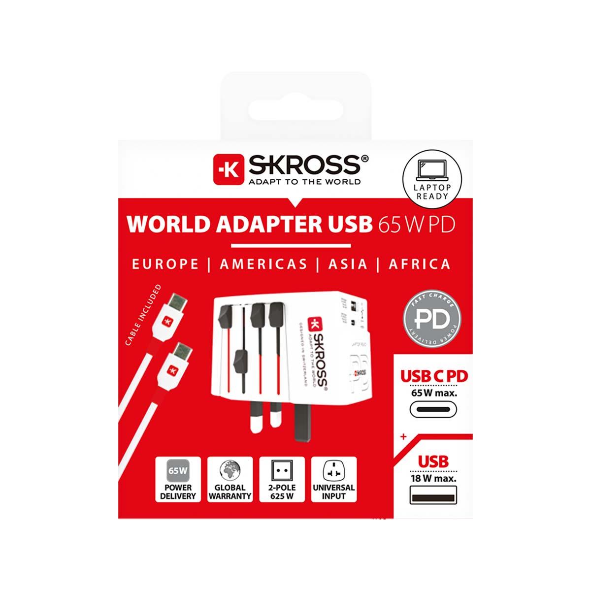 Skross SKR1302976 | Travel Adapter 2-pole world travel adapter with integrated Dual USB Charger (1x USB C & 1 x USB) 65 Watt Power Delivery
