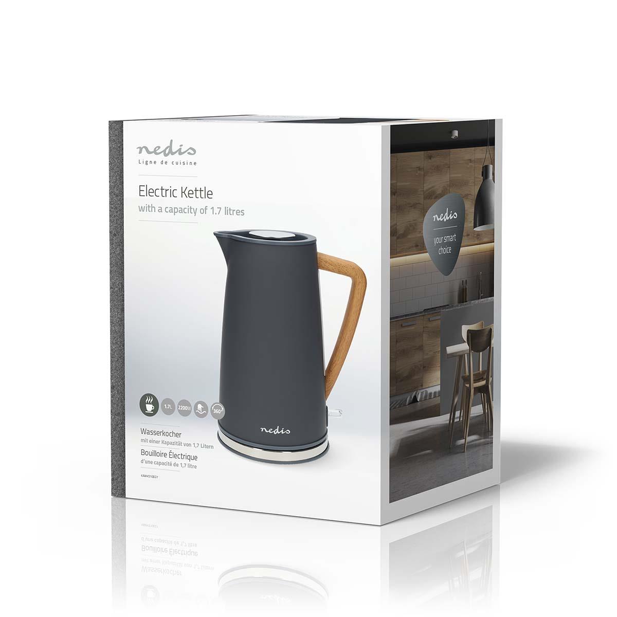 Nedis Electric Kettle | 1.7 l | Soft-Touch | Grey | Rotatable 360 degrees | Concealed heating element | Strix® controller | Boil-dry protection
