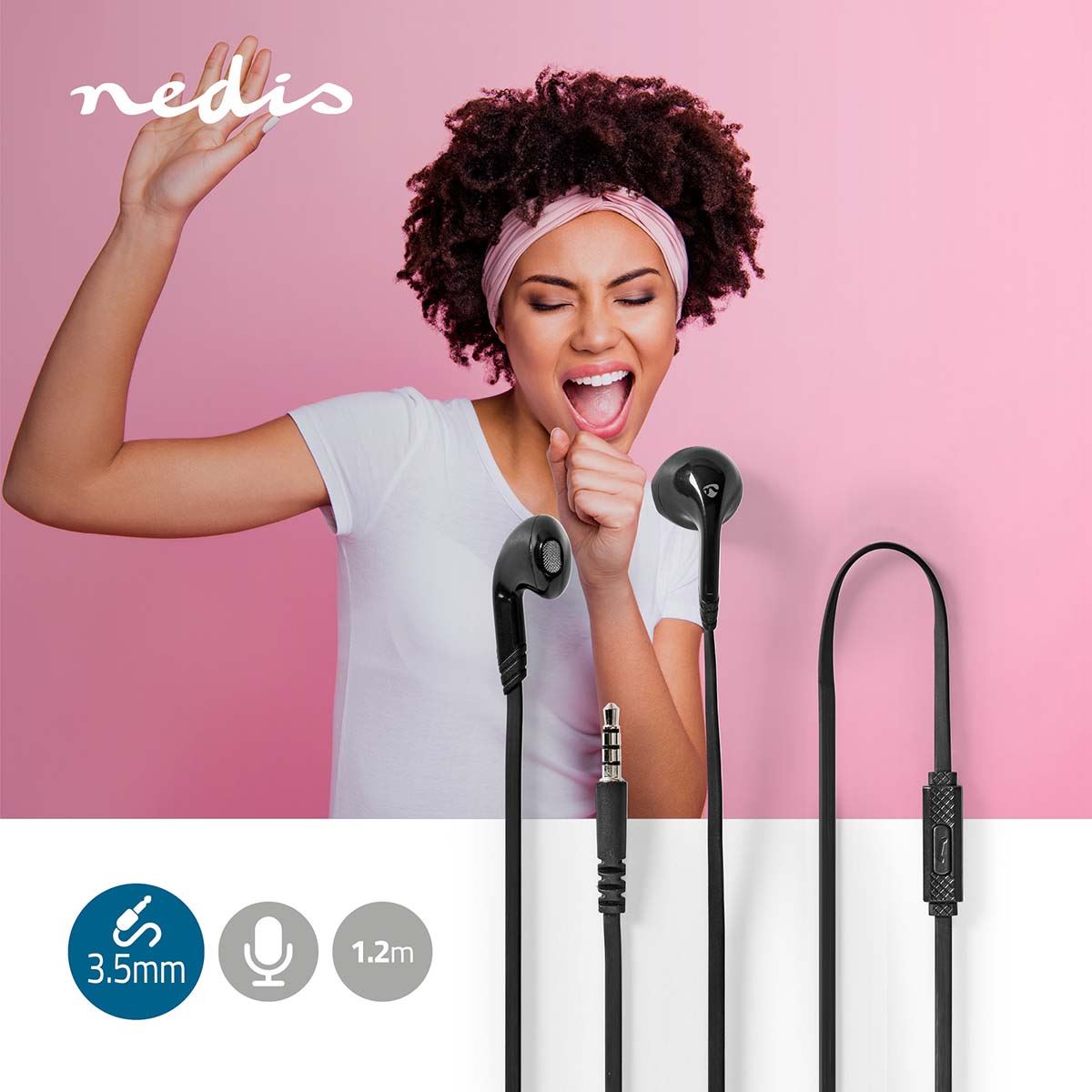 Nedis Wired Earphones | 3.5 mm | Cable length: 1.20 m | Built-in microphone | Volume control | Black