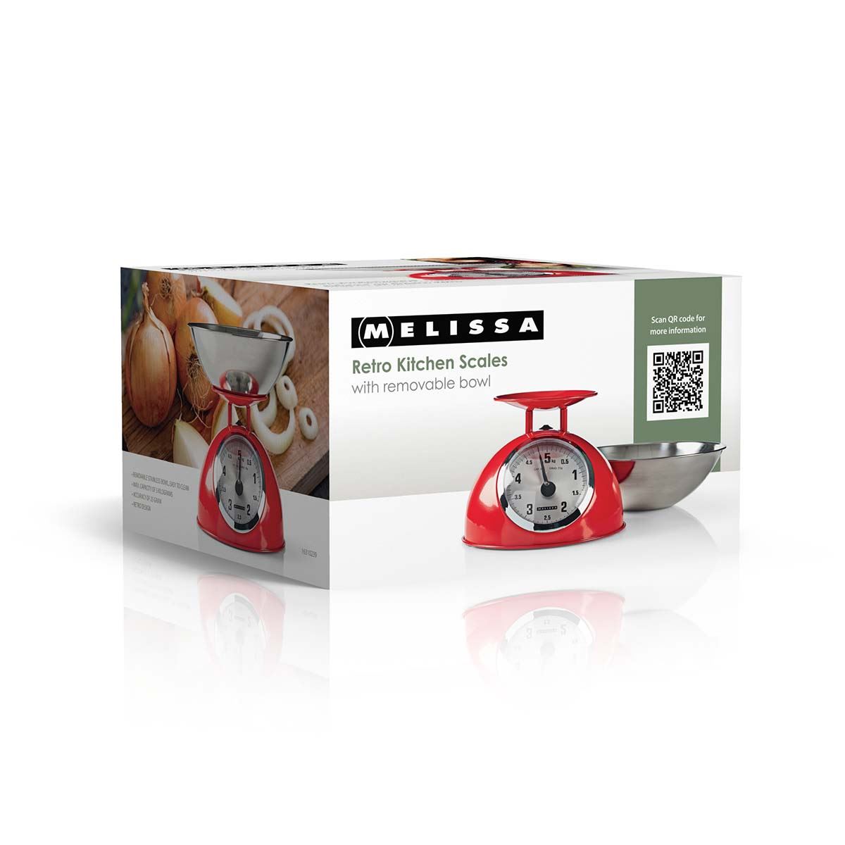 MELISSA Retro Kitchen Scale | Analog | Metal Housing | Removable bowl | Max. 5kg | 25-gram increments | Red