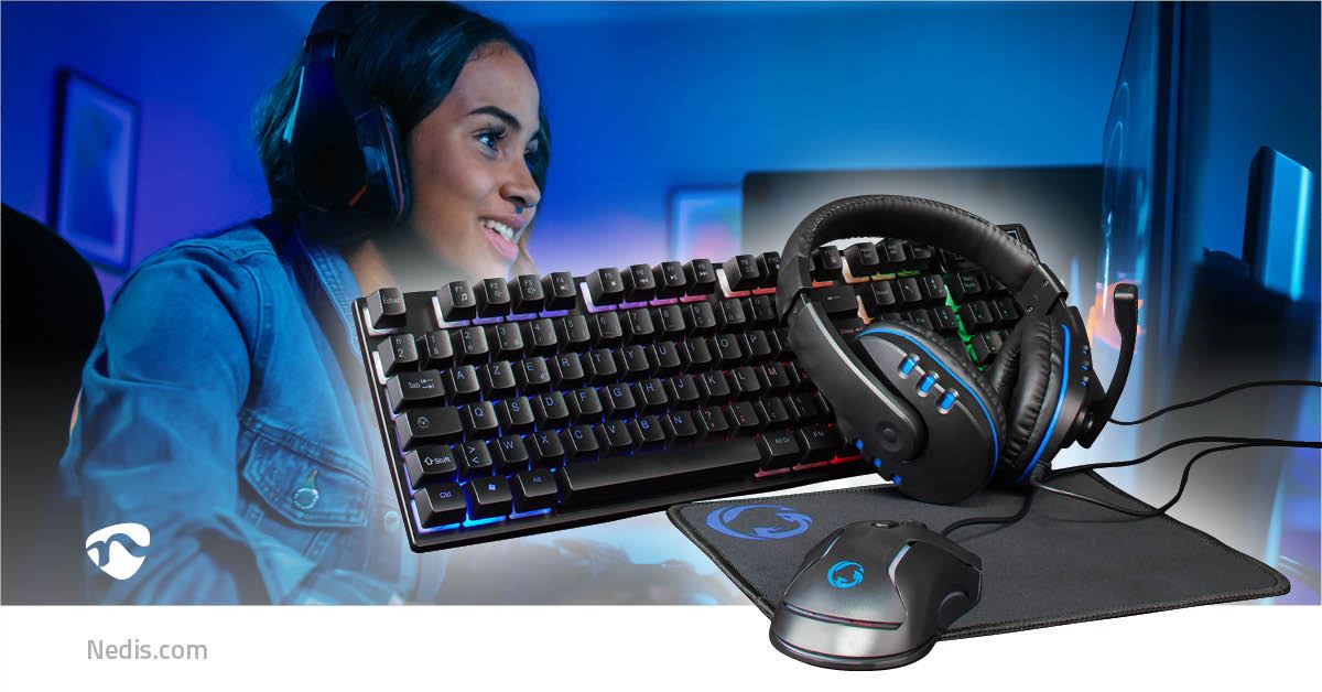 Nedis Gaming Combo Kit | 5-in-1 | Keyboard, Headset, Mouse and Mouse Pad | Black | AZERTY | FR Layout