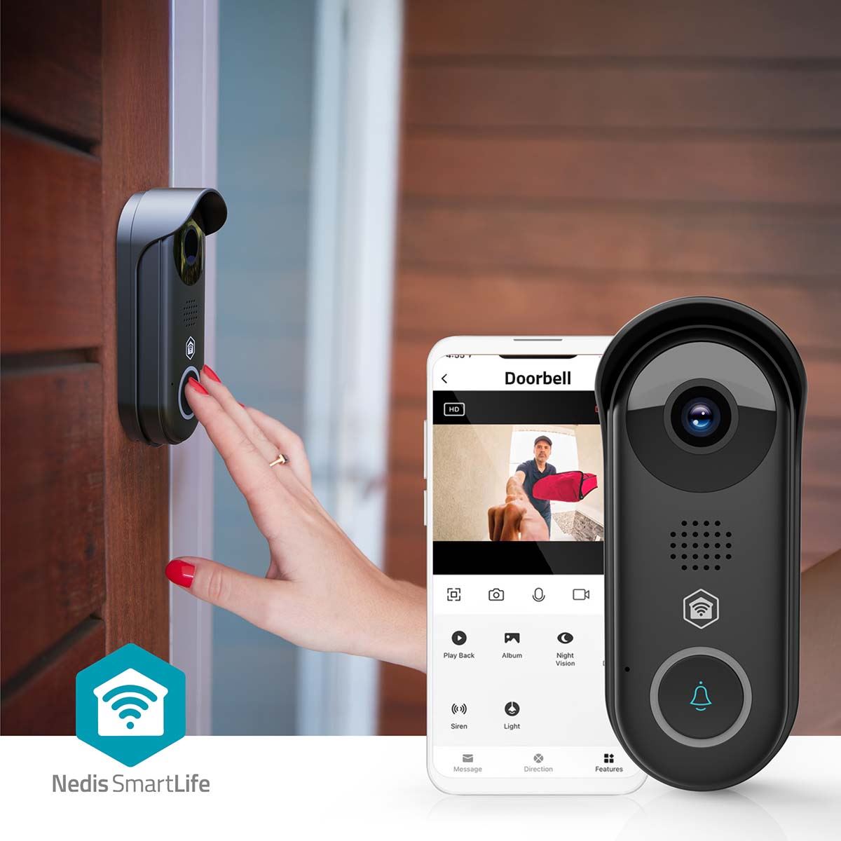 Nedis SmartLife Video Doorbell | Wi-Fi | Transformer | Full HD 1080p | Cloud Storage (optional) / microSD (not included) / Onvif | IP54 | With motion sensor | Night vision | Black