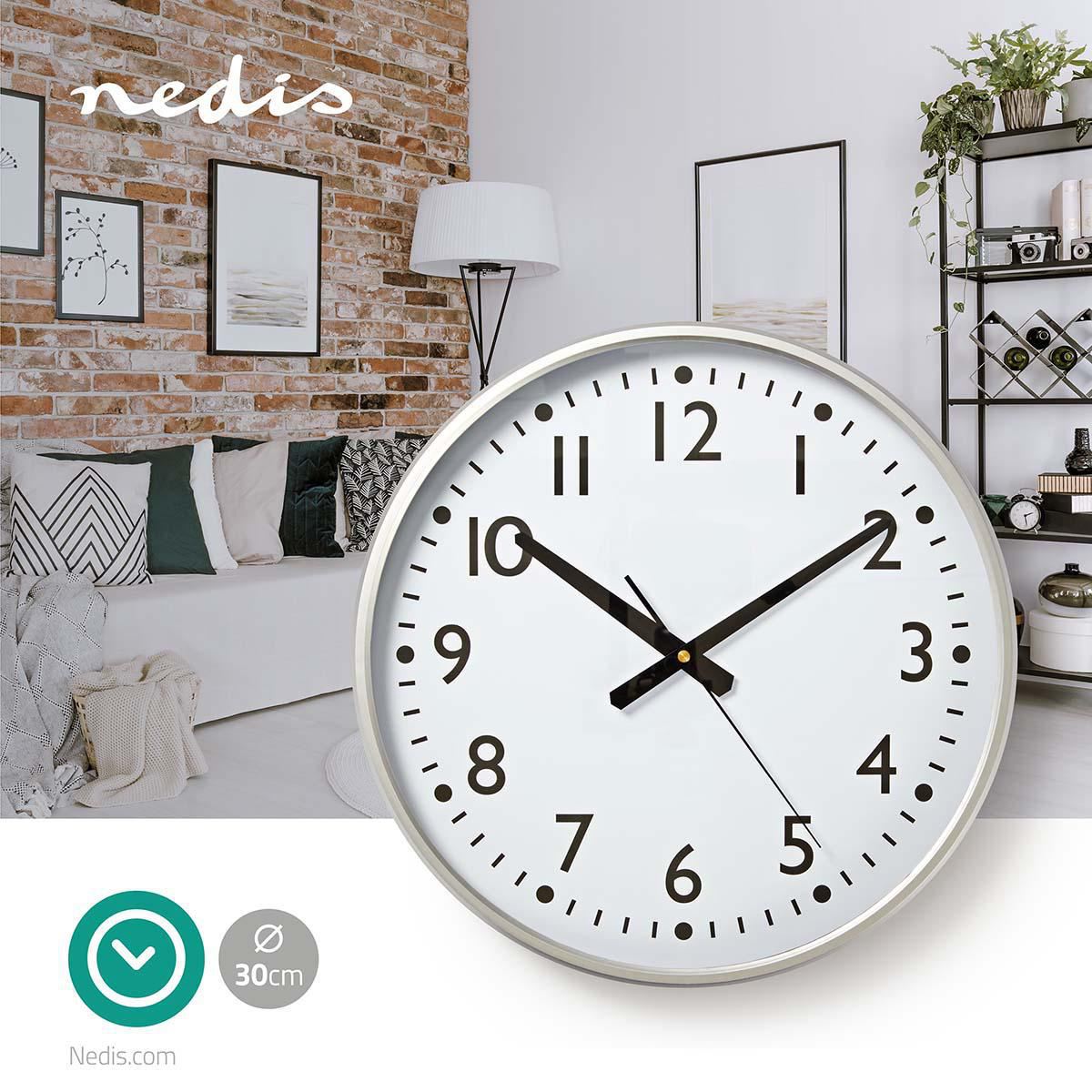 Nedis Wall Clock | Diameter: 380 mm | Plastic | Silver / White
