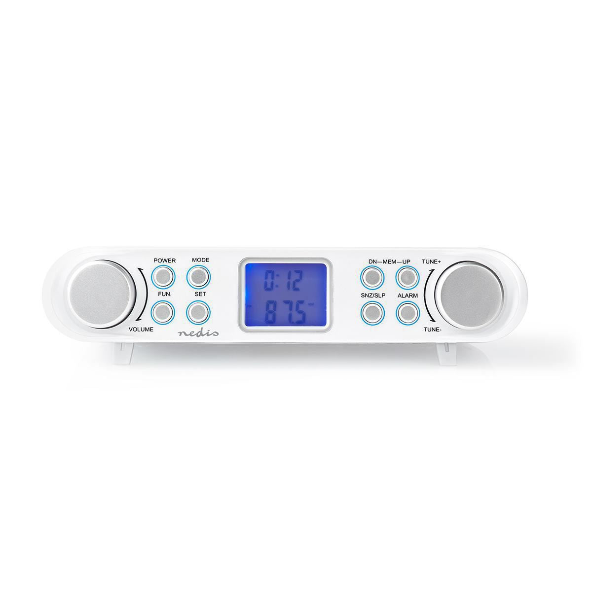 Nedis Kitchen Radio | Cabinet Design | FM | Mains Powered | Digital | 1.5 W | 2 " | Black Blue Screen | Alarm clock | Silver / White