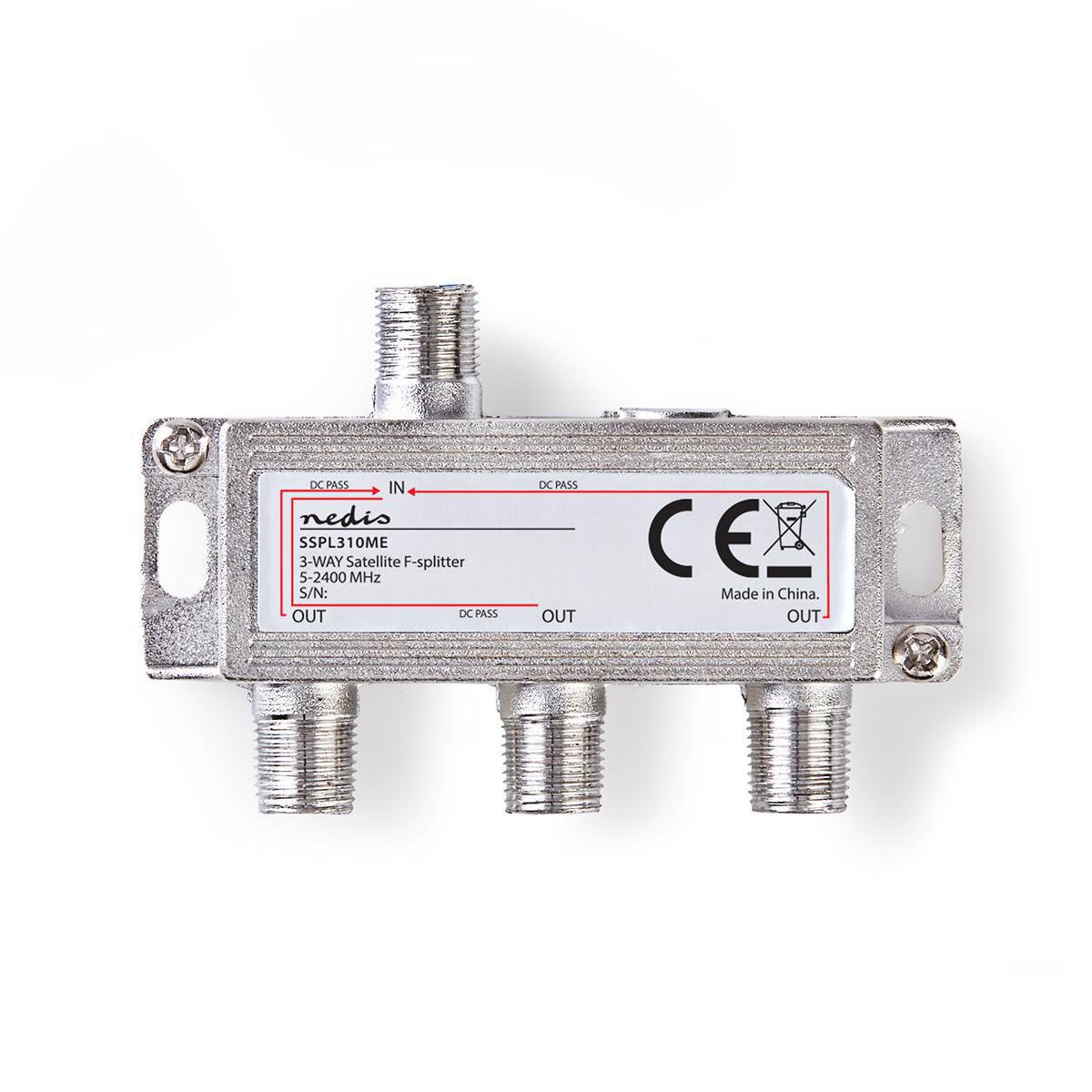 Nedis Satellite Splitter | 5 - 2400 MHz | 10.5 dB | Number of inputs: 1 | Number of outputs: 3 | Impedance: 75 Ohm | Zinc | Silver