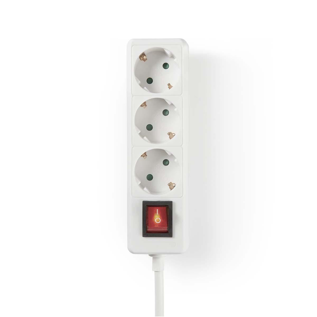 Nedis Extension Socket | Type F (CEE 7/7) | 3-Way | 1.50 m | 3680 W | 16 A | Kind of grounding: Side Contacts | 230 V AC 50/60 Hz | Socket angle: 45 ° | H05VV-F 3G1.5mm² | On/Off switch | White