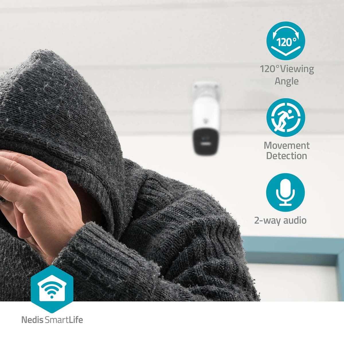 Nedis SmartLife Outdoor Camera | Wi-Fi | Spotlight | 4MP Quad HD 1440p / 2560x1440 | Pan tilt | IP66 | Max. battery life: 10 Months | Cloud Storage (optional) / microSD (not included) | 5 V DC | With motion sensor | Night vision | White